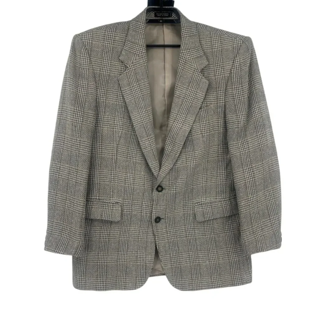 Vintage Y2K 7 Collection Glen Plaid 2 Button Mens Blazer Sz 40R Preppy Silk Wool